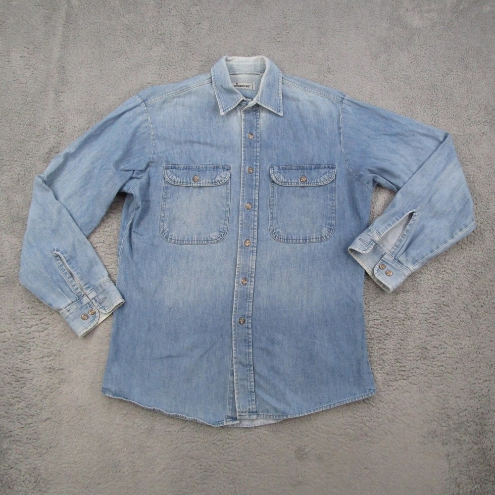 Roebucks Mens Long Sleeve Denim Shirt Light Wash Blue Button Front L